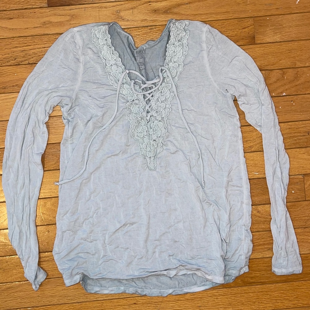 American Eagle Soft & Sexy Long Sleeve Turtleneck Pastel Turquoise Lace Up Top